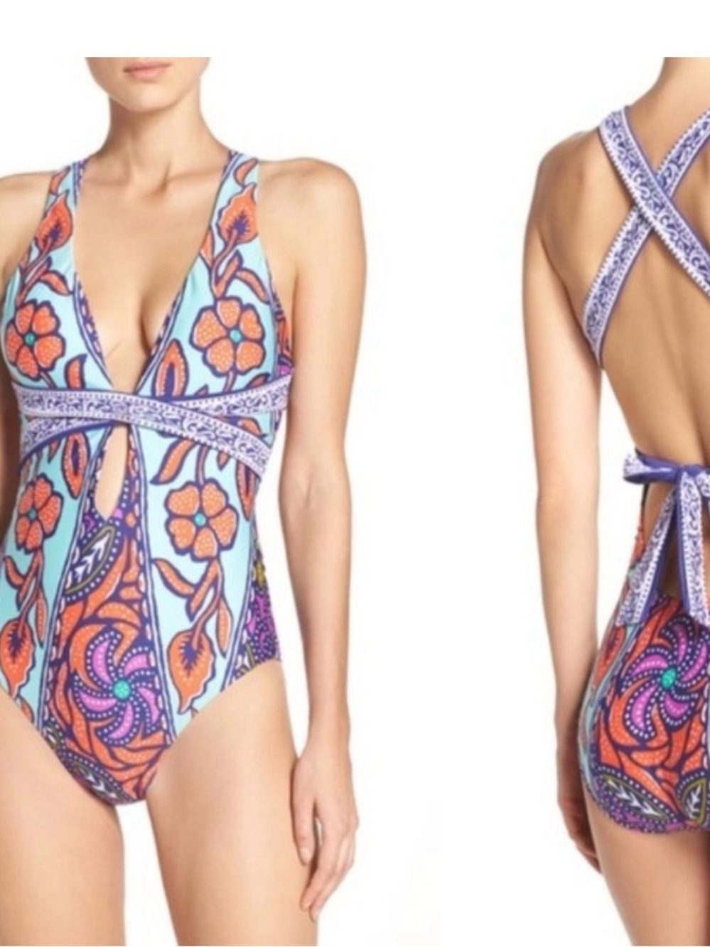 Trina Turk Balinese batik Blue Floral Plunge One-Piece Swimsuit 4